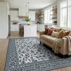 Navy White Floral Vine Rug - Living Room View