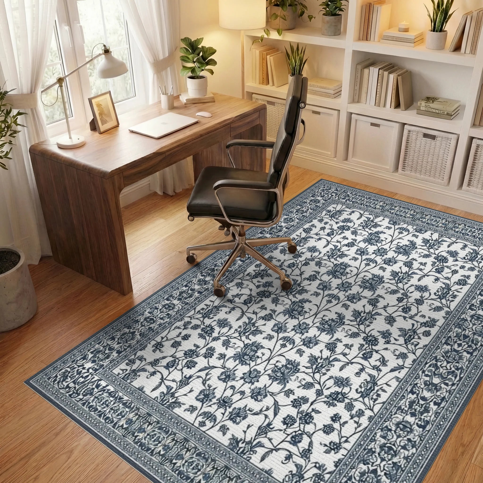 Navy White Floral Vine Rug - Office View