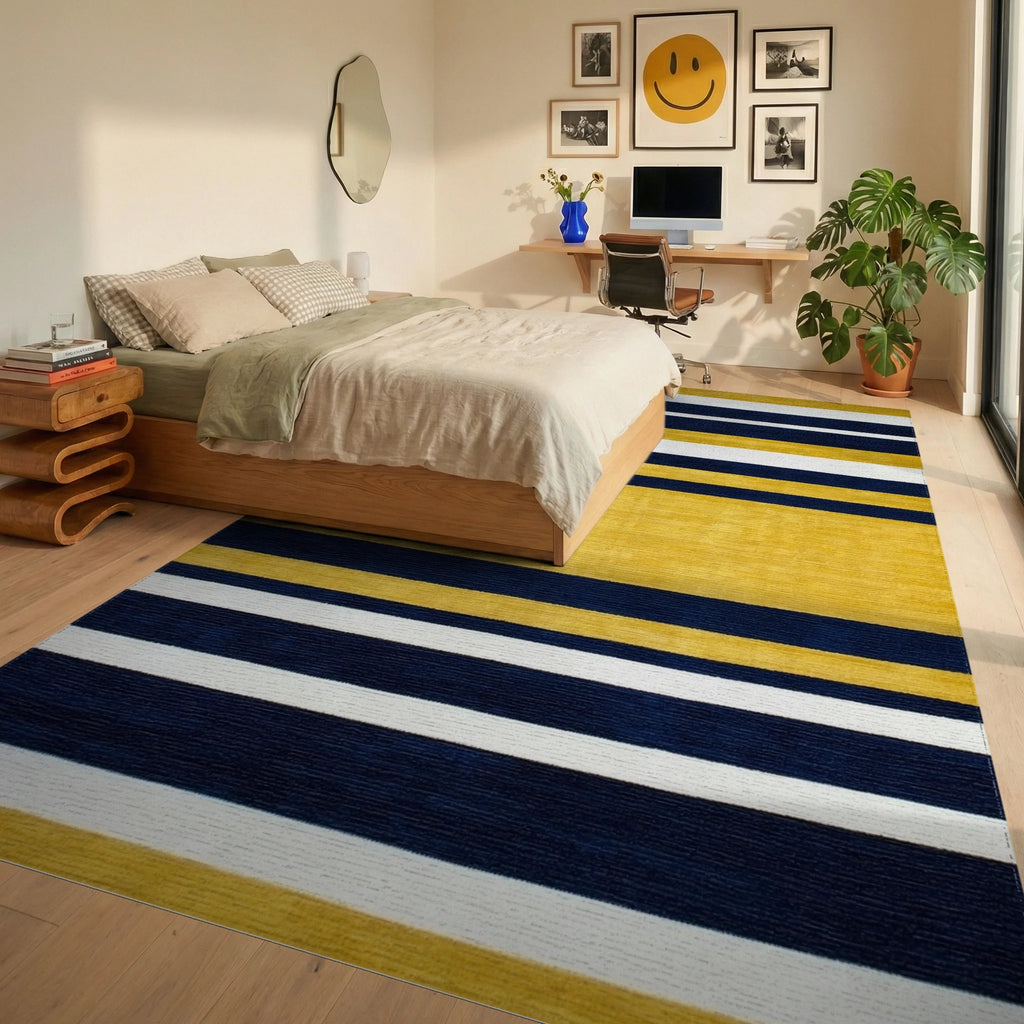 Navy White Mustard Wide Stripe Rug - Bedroom View