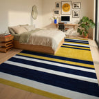 Navy White Mustard Wide Stripe Rug - Bedroom View