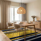 Navy White Mustard Wide Stripe Rug - Dining Room View