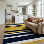 Navy White Mustard Wide Stripe Rug - Living Room View