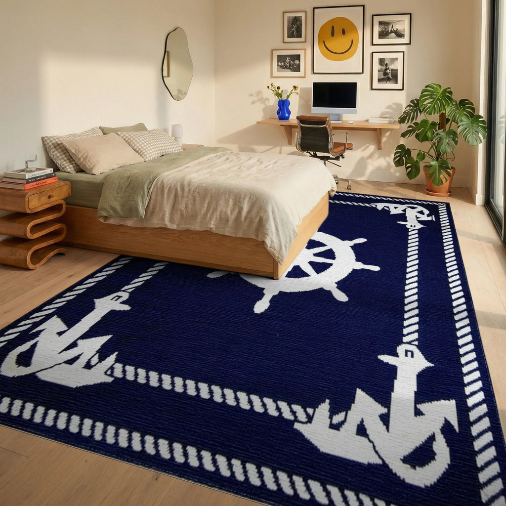 Navy White Nautical Ship Wheel Anchor Rug - Bedroom View