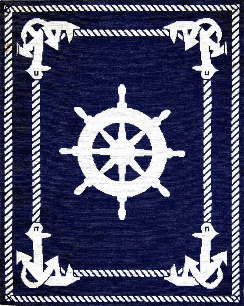 Navy White Nautical Ship Wheel Anchor Rug - Cutout View