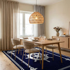 Navy White Nautical Ship Wheel Anchor Rug - Dining Room View