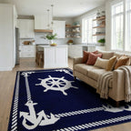 Navy White Nautical Ship Wheel Anchor Rug - Living Room View