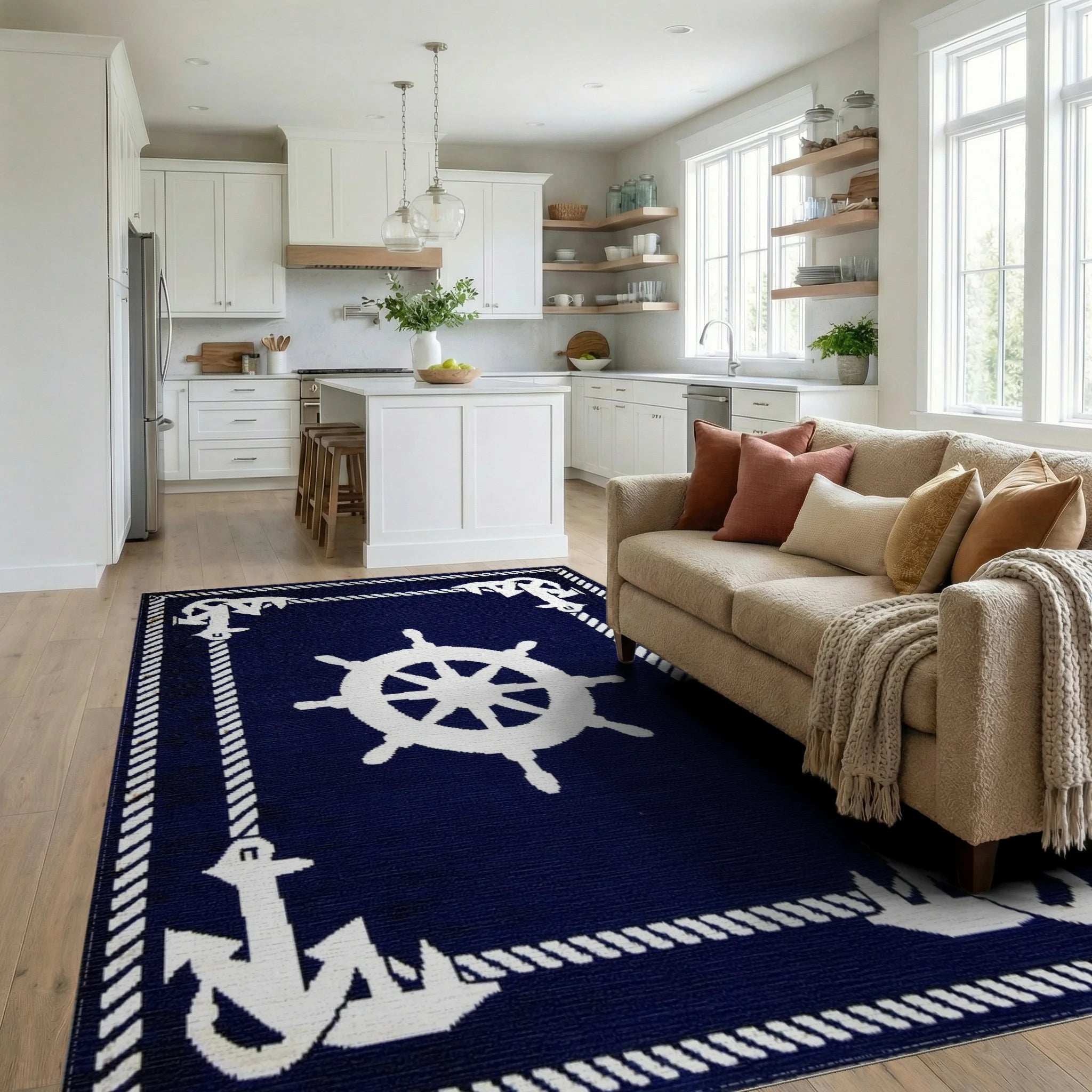 Navy White Nautical Ship Wheel Anchor Rug - Living Room View