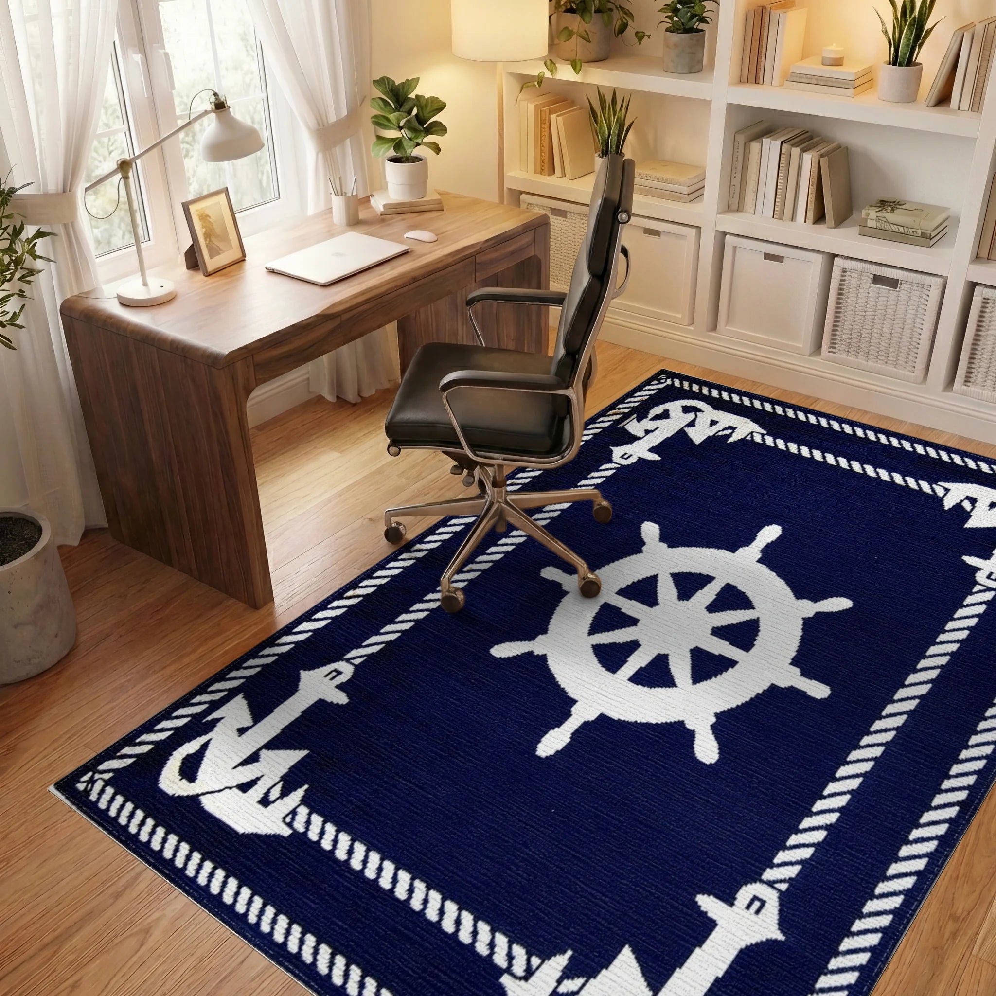 Navy White Nautical Ship Wheel Anchor Rug - Office View