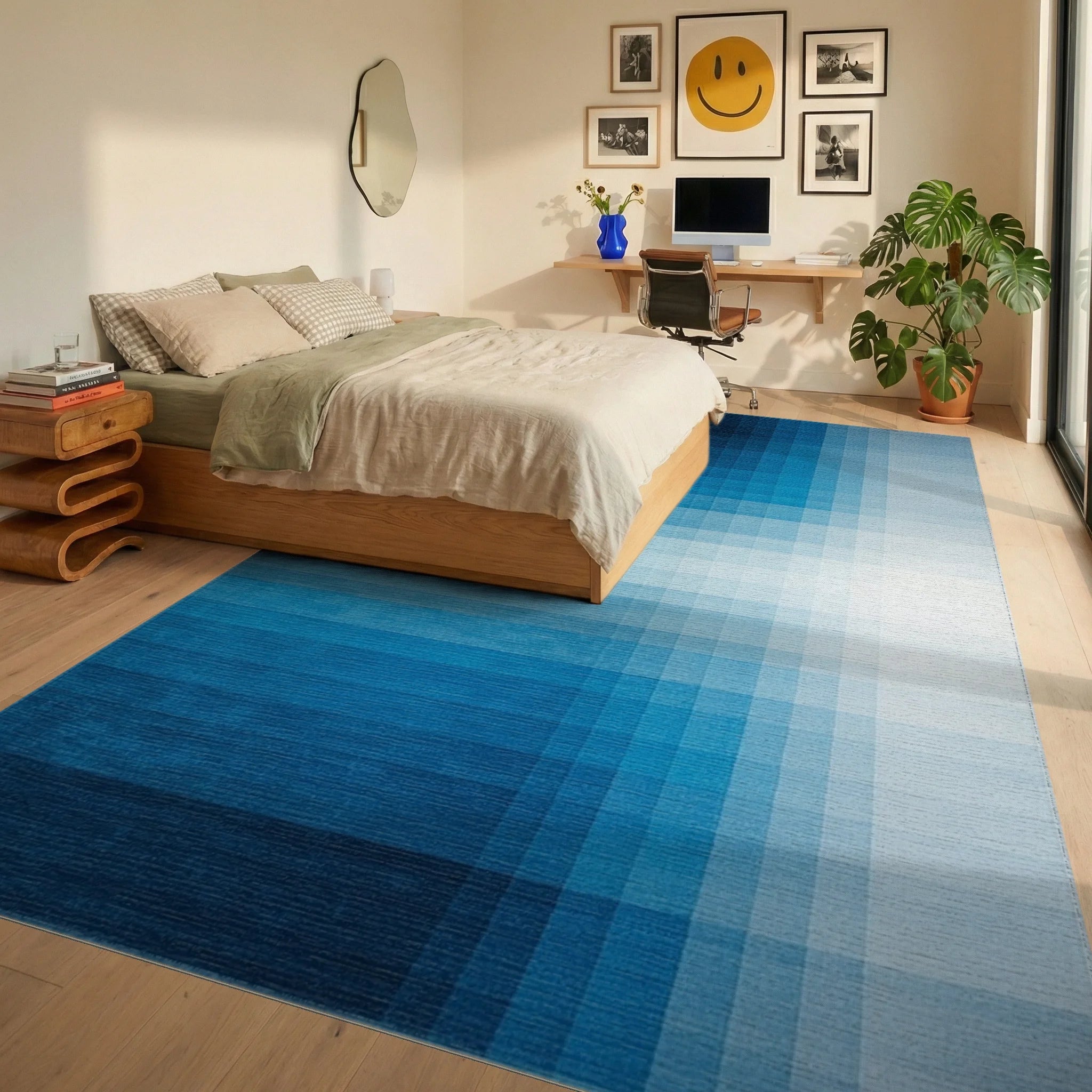 Navy White Ombre Grid Rug Bedroom View