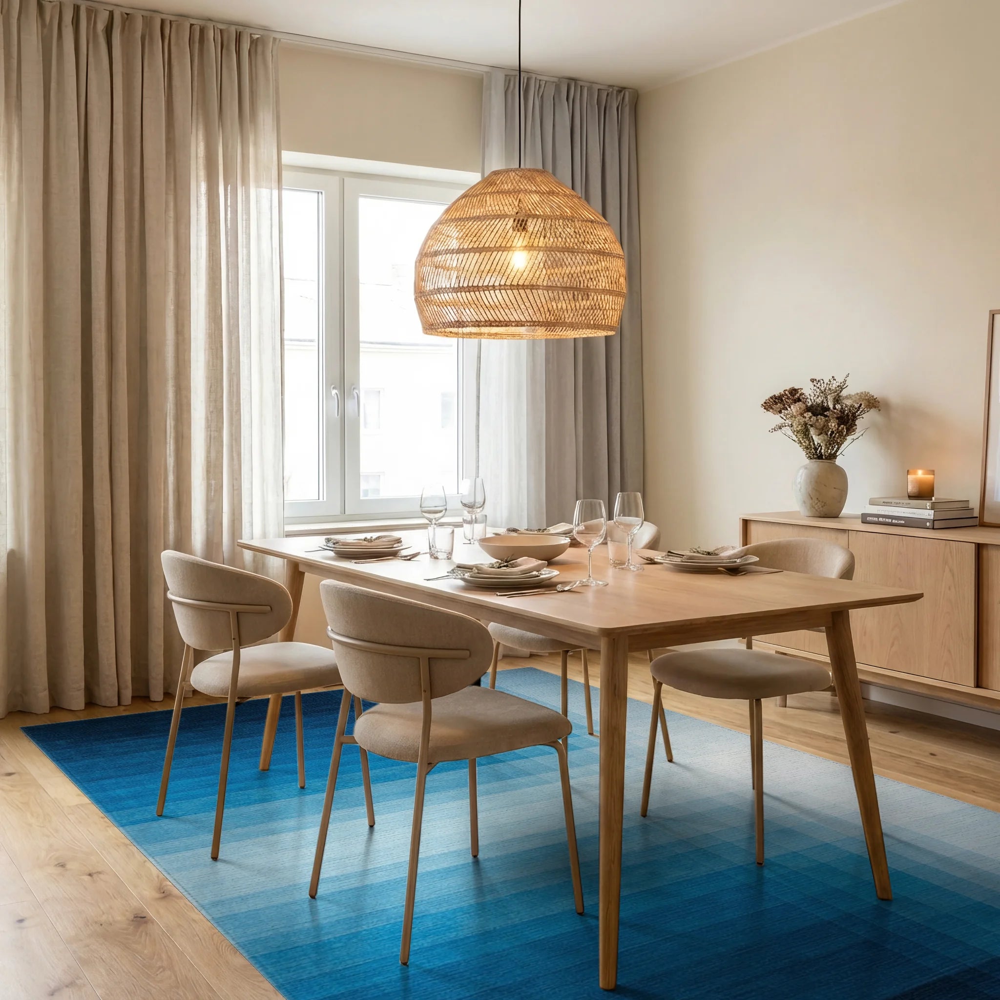 Navy White Ombre Grid Rug Dining Room View