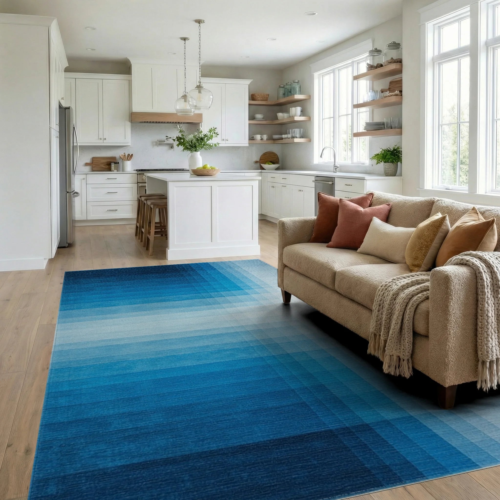 Navy White Ombre Grid Rug Living Room View