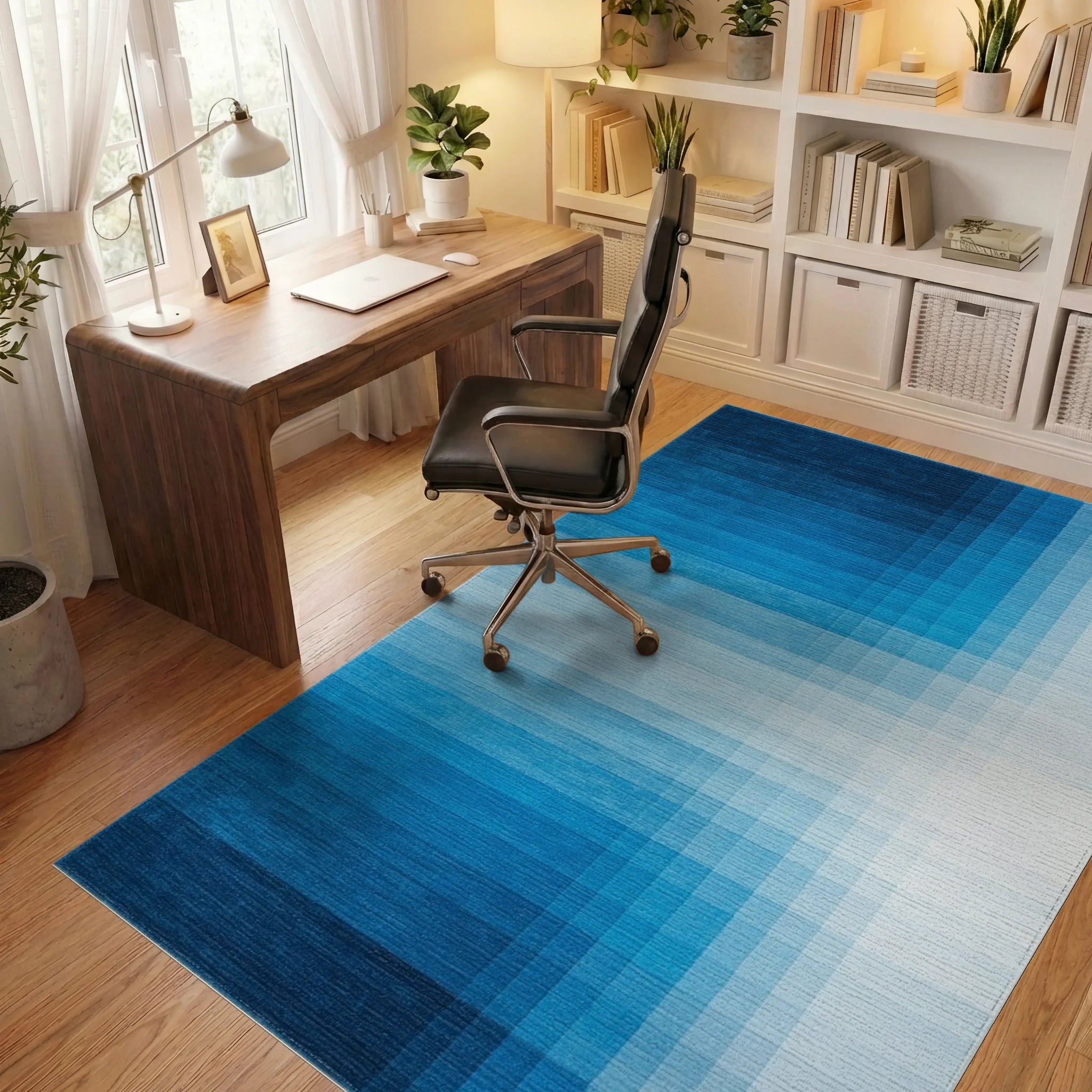 Navy White Ombre Grid Rug Office View