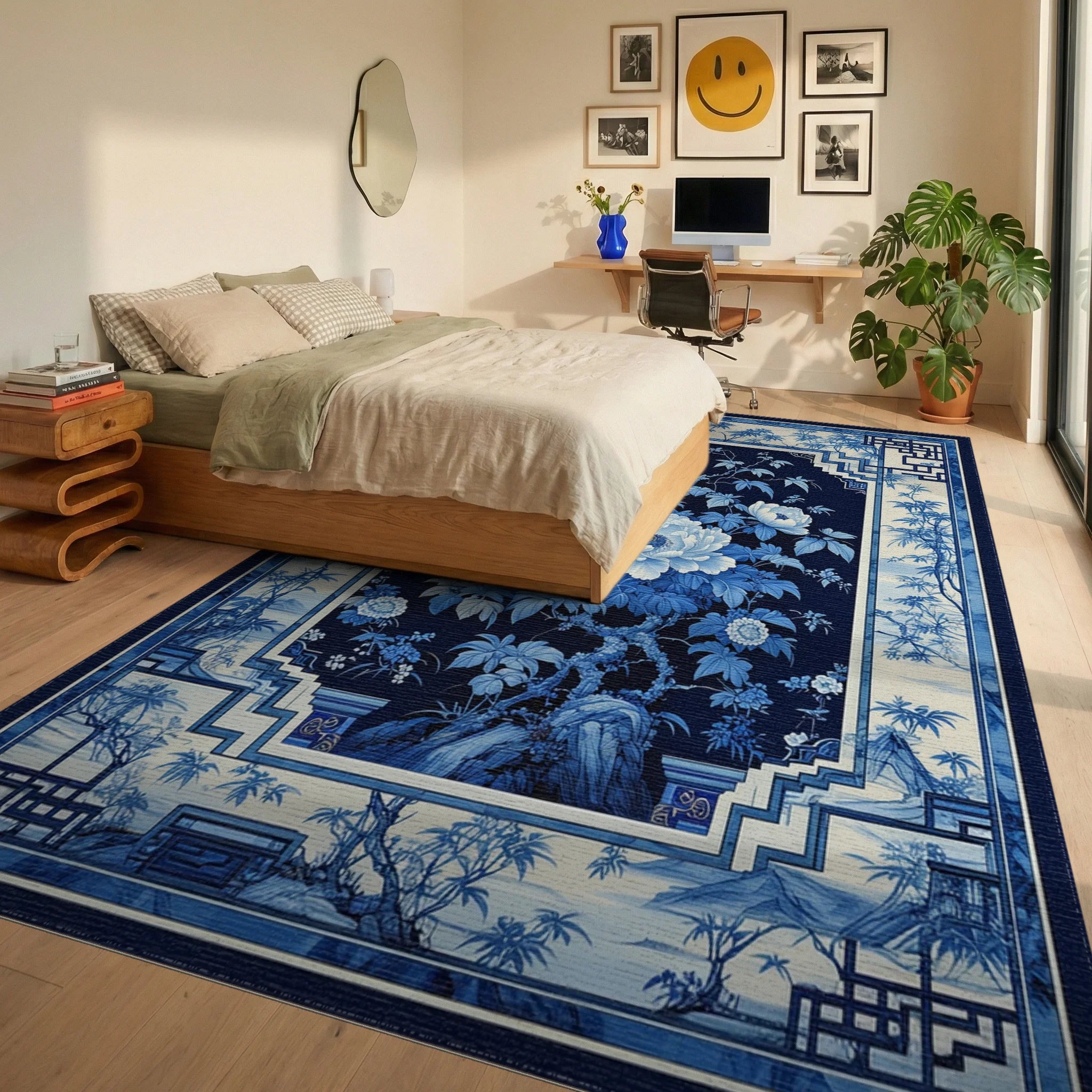 Navy White Peony Geometric Rug - Bedroom View