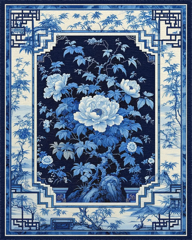 Navy White Peony Geometric Rug - Cutout View