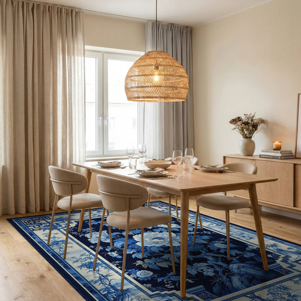 Navy White Peony Geometric Rug - Dining Room View