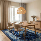 Navy White Peony Geometric Rug - Dining Room View