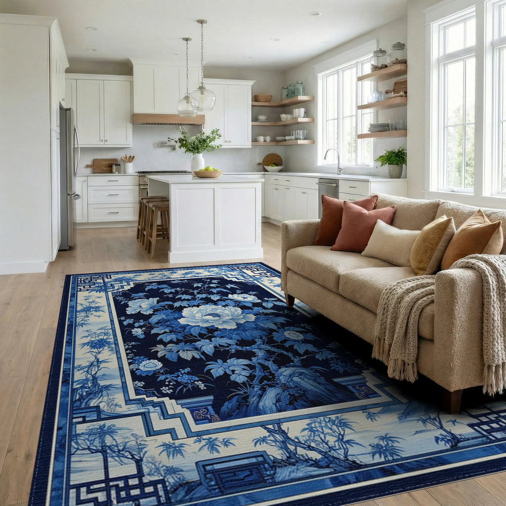Navy White Peony Geometric Rug - Living Room View