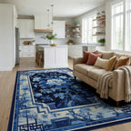 Navy White Peony Geometric Rug - Living Room View