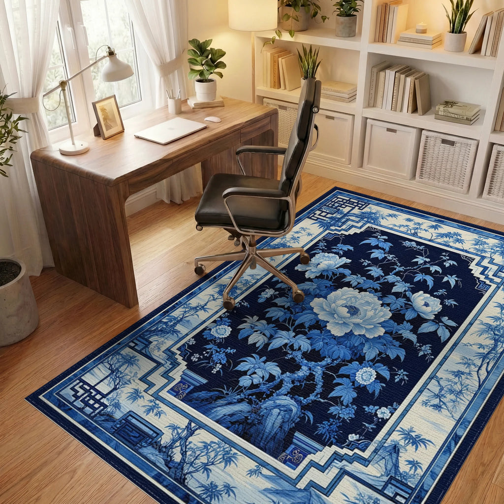 Navy White Peony Geometric Rug - Office View
