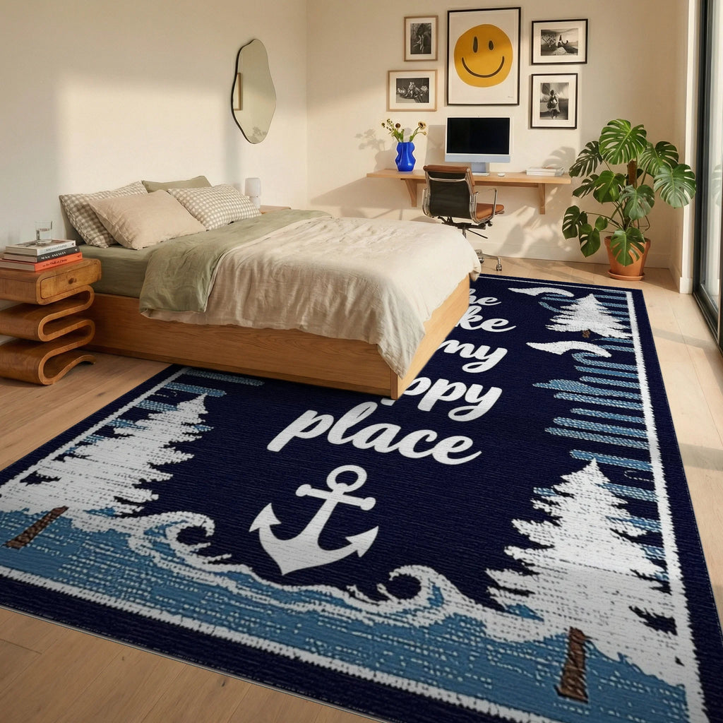 Navy White Pine Tree Anchor Scene Rug - Bedroom View