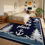 Navy White Pine Tree Anchor Scene Rug - Bedroom View
