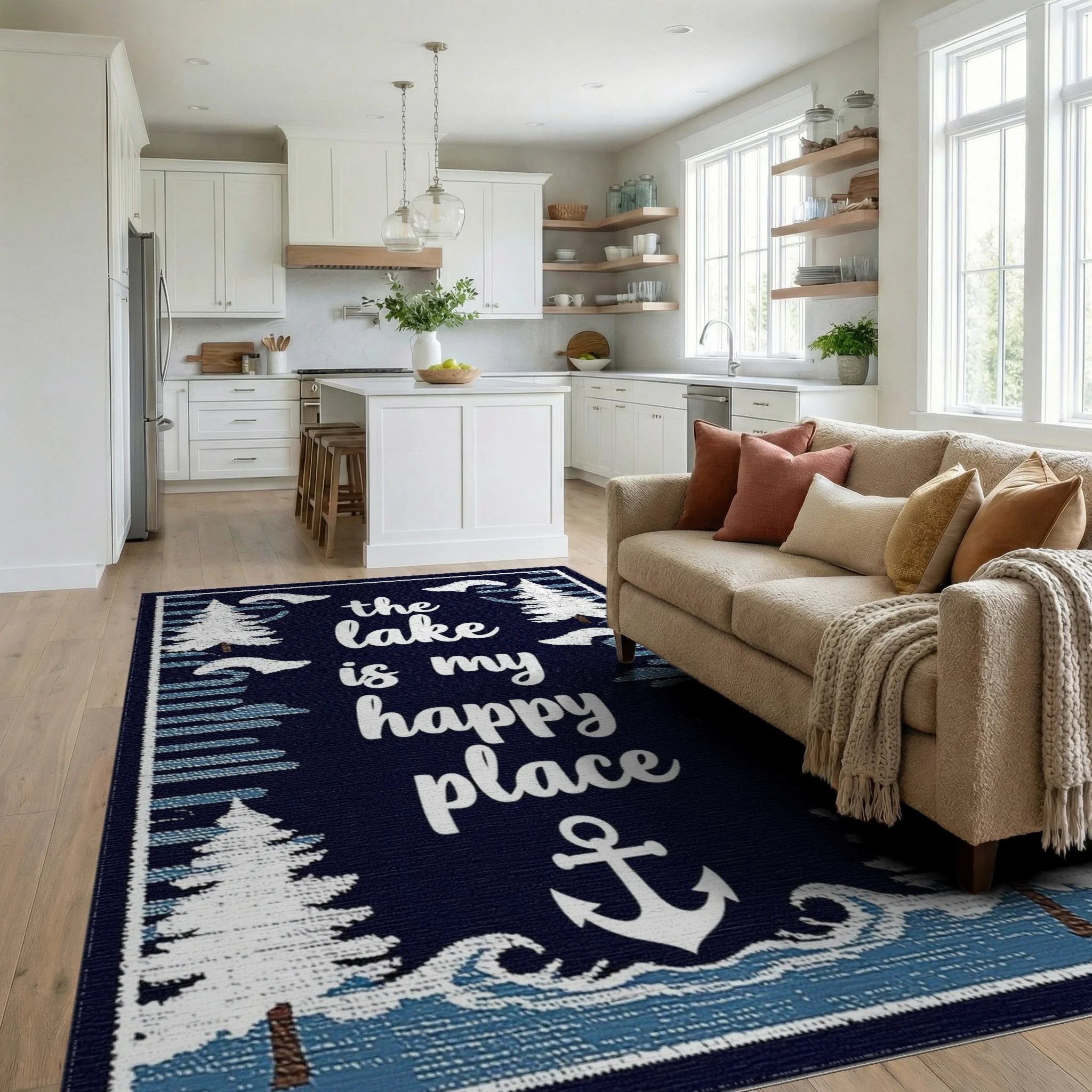 Navy White Pine Tree Anchor Scene Rug - Living Room View