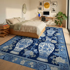 Navy White Vases Peonies Rug - Bedroom View
