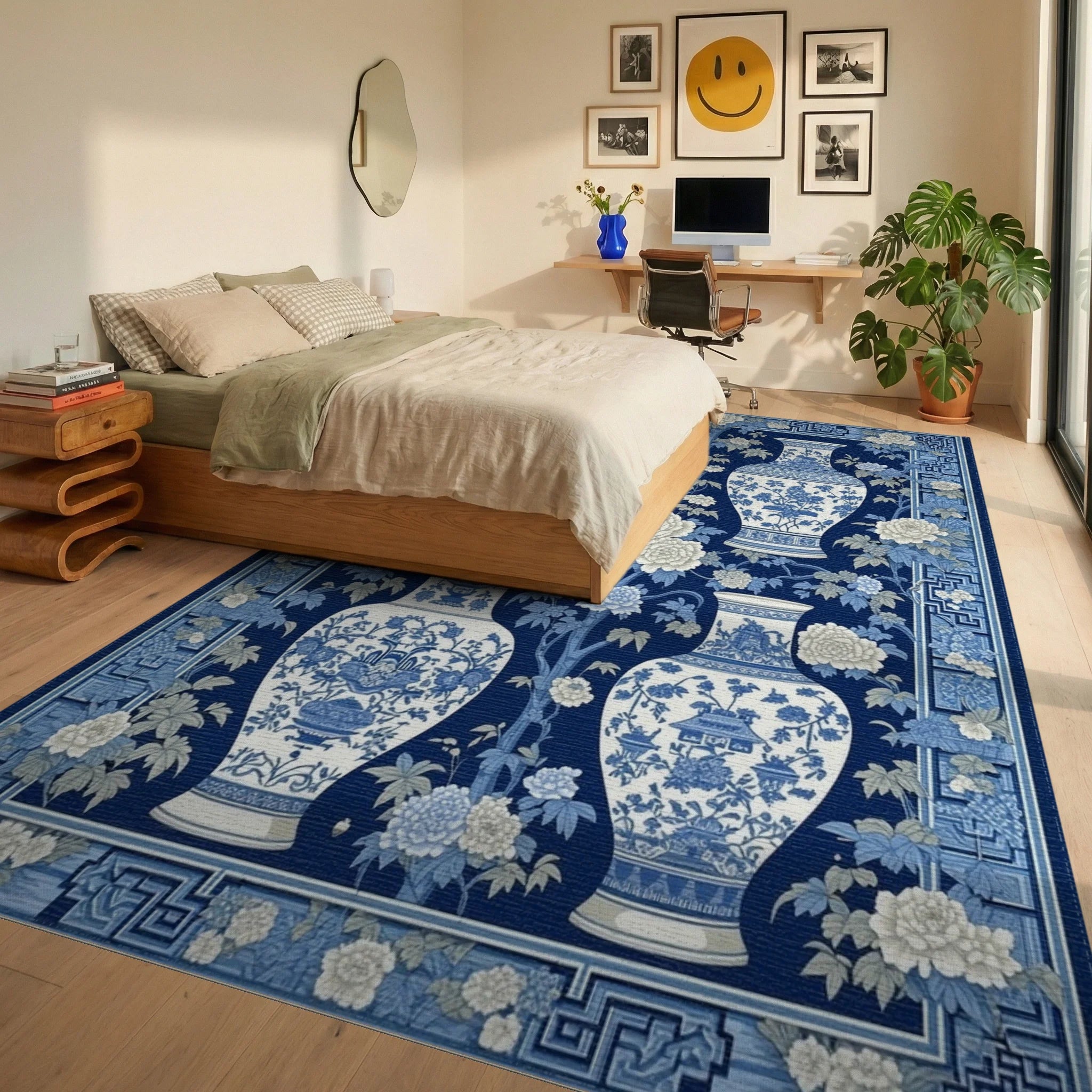 Navy White Vases Peonies Rug - Bedroom View