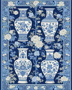 Navy White Vases Peonies Rug - Cutout View