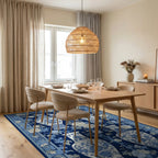Navy White Vases Peonies Rug - Dining Room View