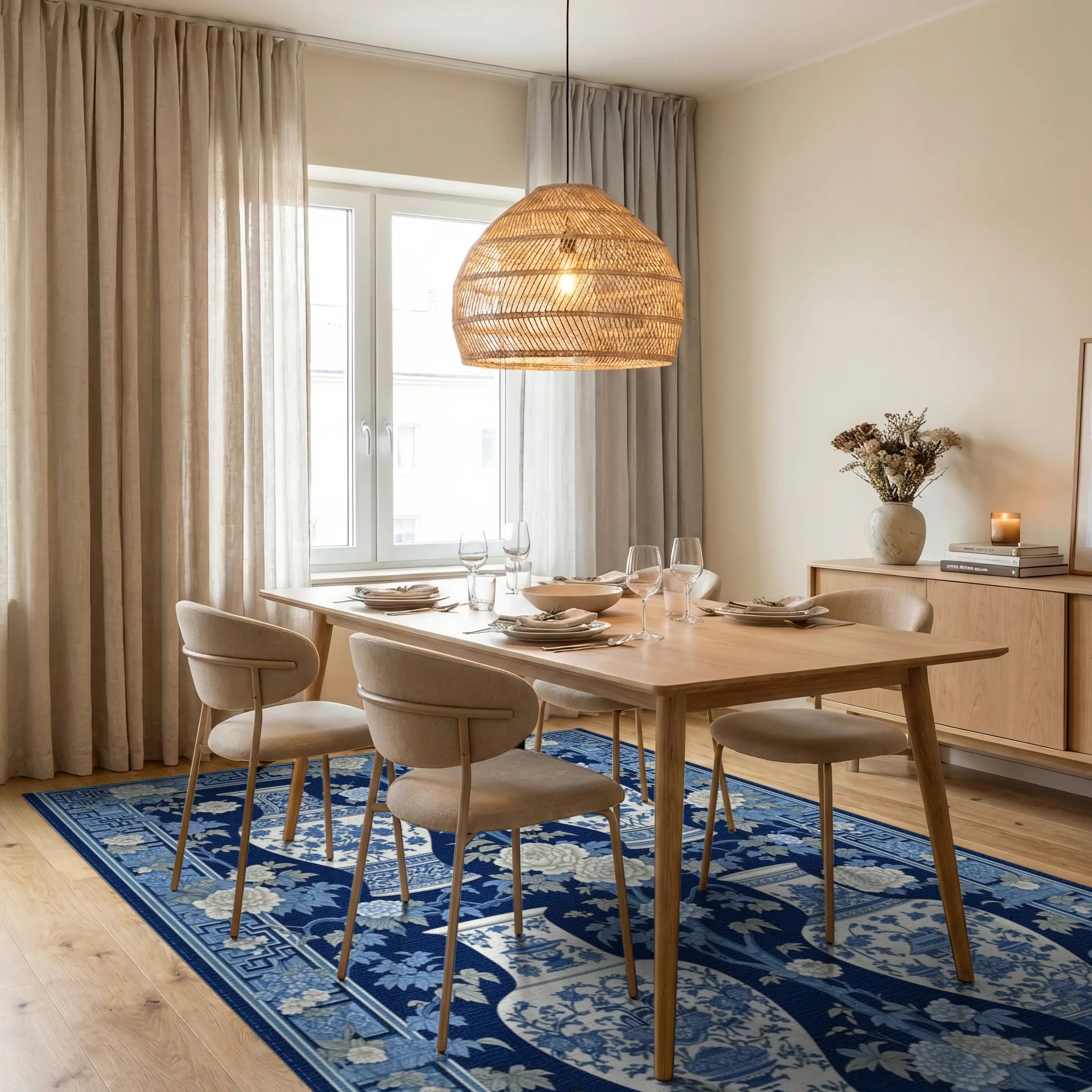 Navy White Vases Peonies Rug - Dining Room View