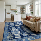 Navy White Vases Peonies Rug - Living Room View