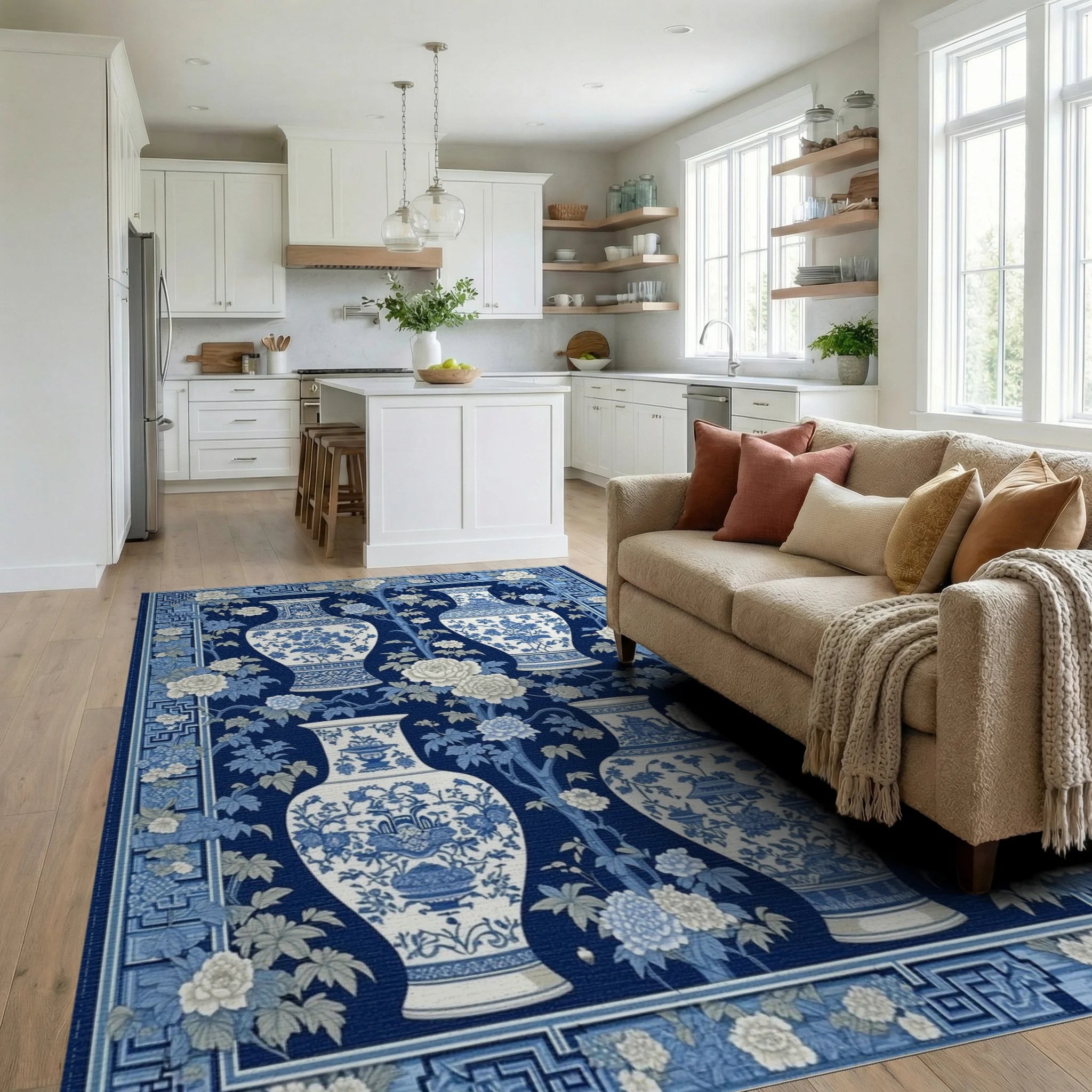 Navy White Vases Peonies Rug - Living Room View