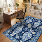 Navy White Vases Peonies Rug - Office View