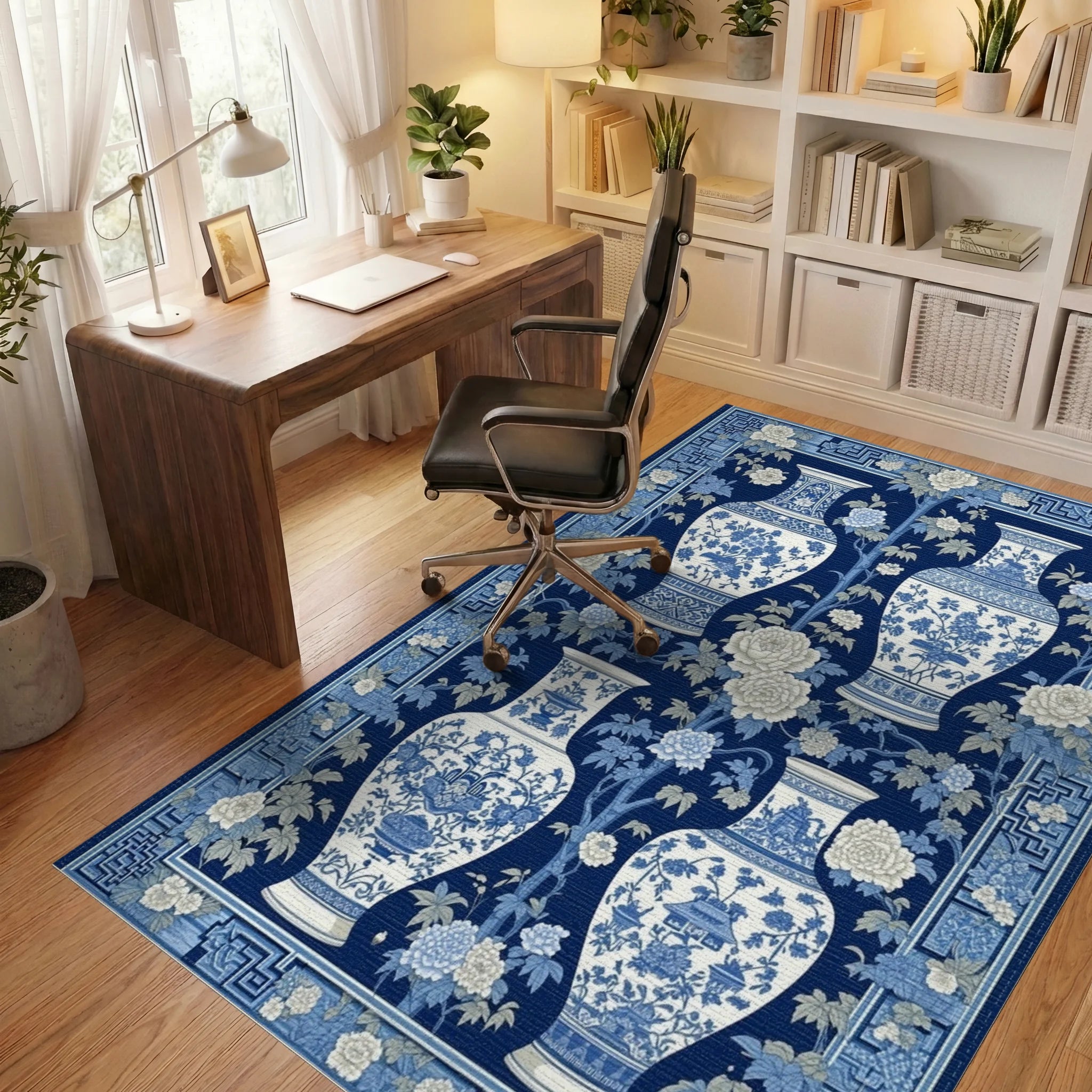 Navy White Vases Peonies Rug - Office View