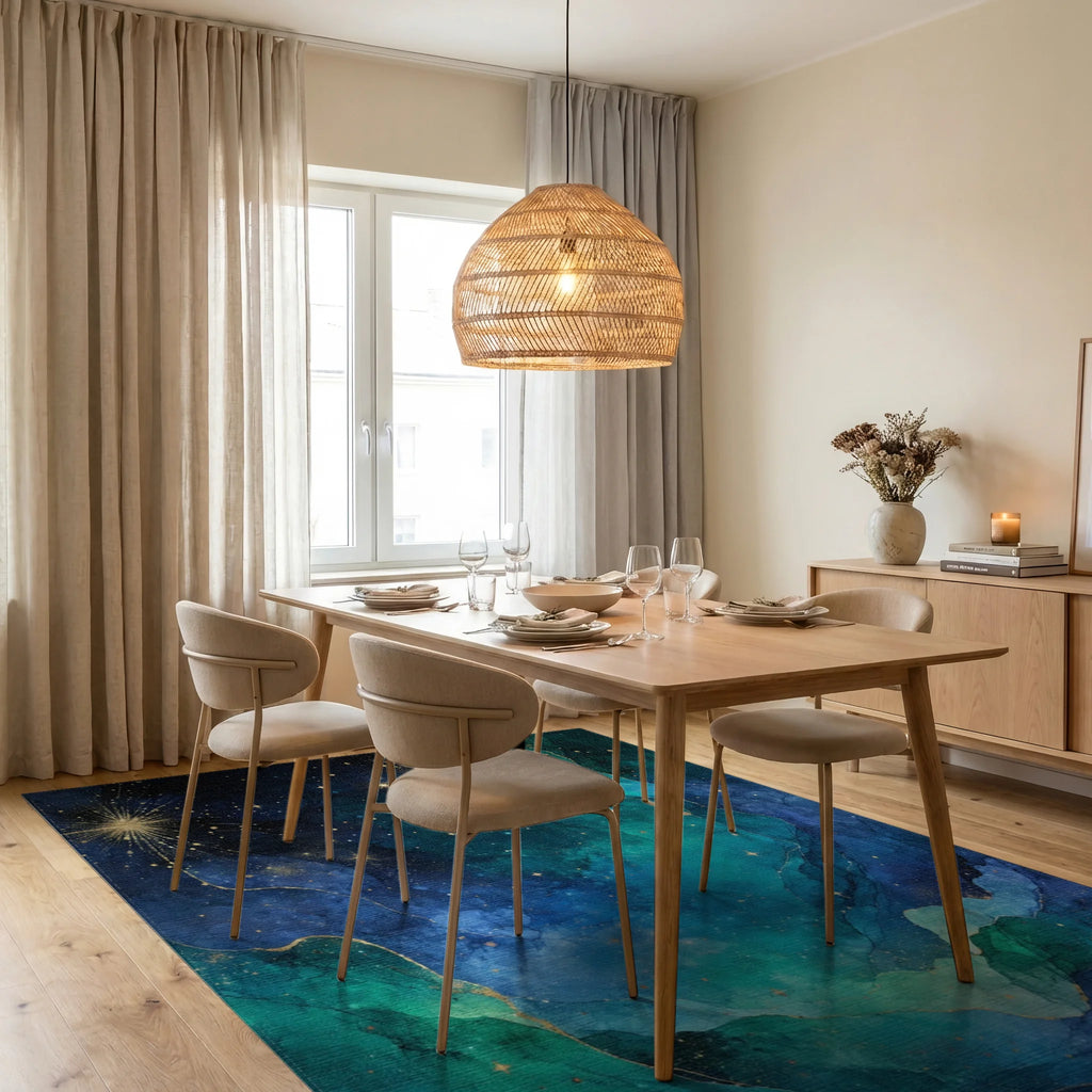 Nebula Gold Swirl Abstract Rug Dining Room View
