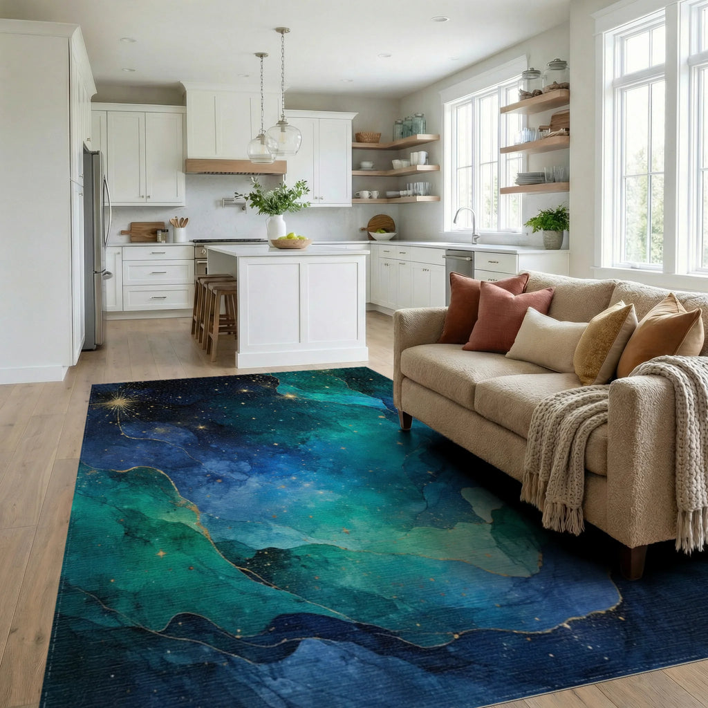 Nebula Gold Swirl Abstract Rug Living Room View