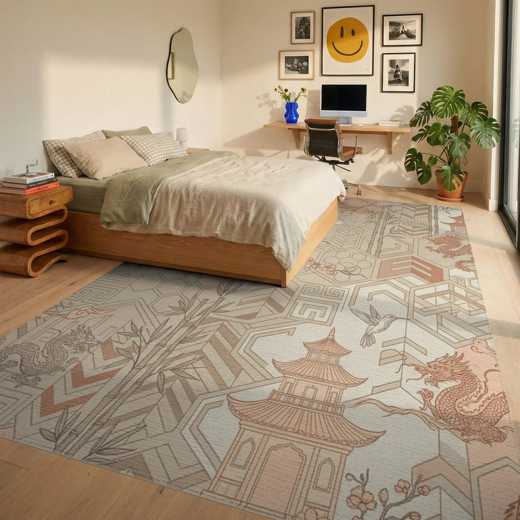Nectarine Peach Pagoda Dragon Collage Rug Bedroom View