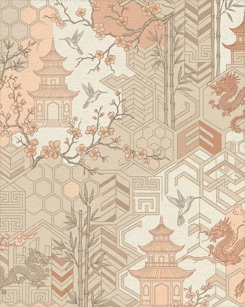 Nectarine Peach Pagoda Dragon Collage Rug - Cutout View