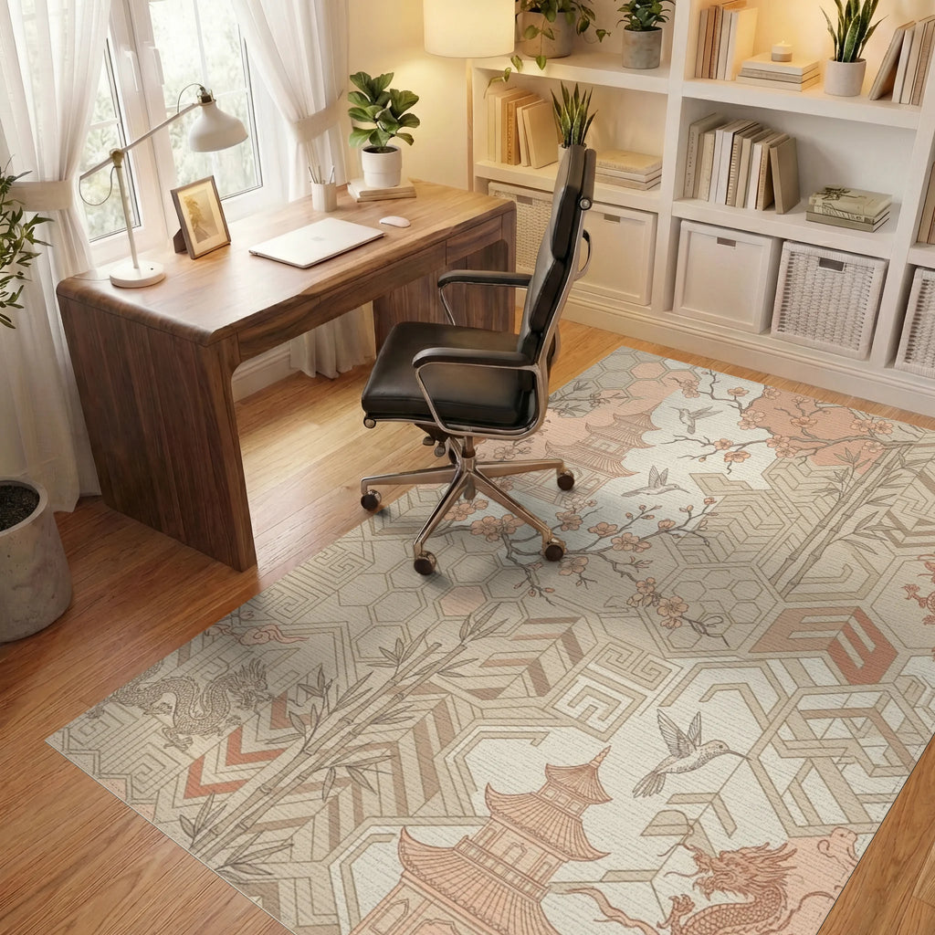 Nectarine Peach Pagoda Dragon Collage Rug Office View