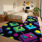 Neon Arcade Joystick Retro Gaming Grid Rug Bedroom View