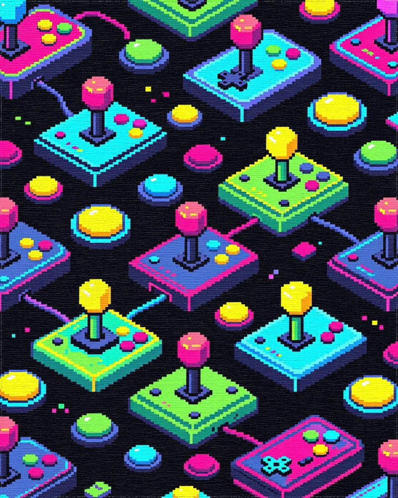 Neon Arcade Joystick Retro Gaming Grid Rug - Cutout View