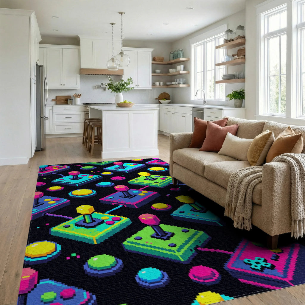 Neon Arcade Joystick Retro Gaming Grid Rug Living Room View