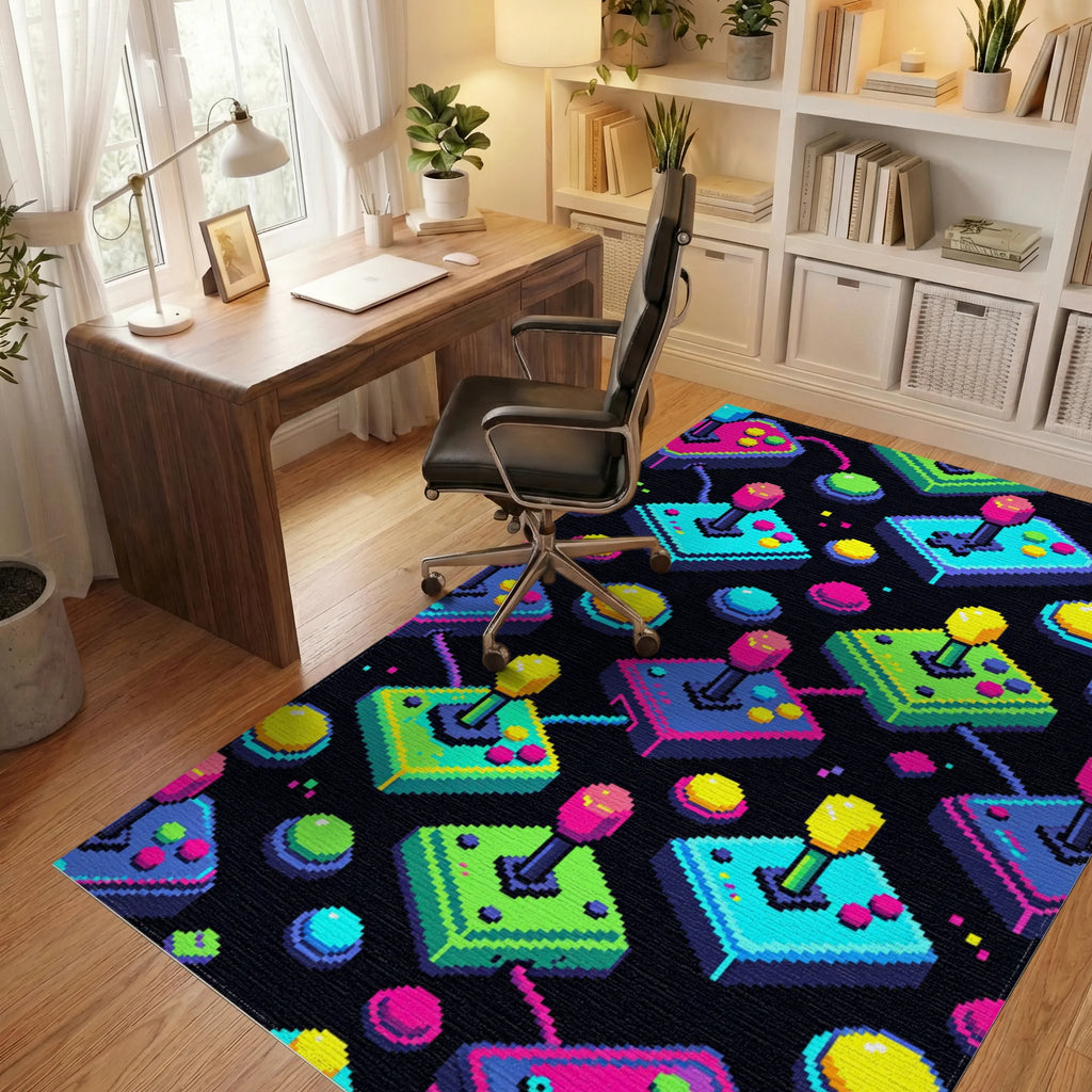 Neon Arcade Joystick Retro Gaming Grid Rug Office View