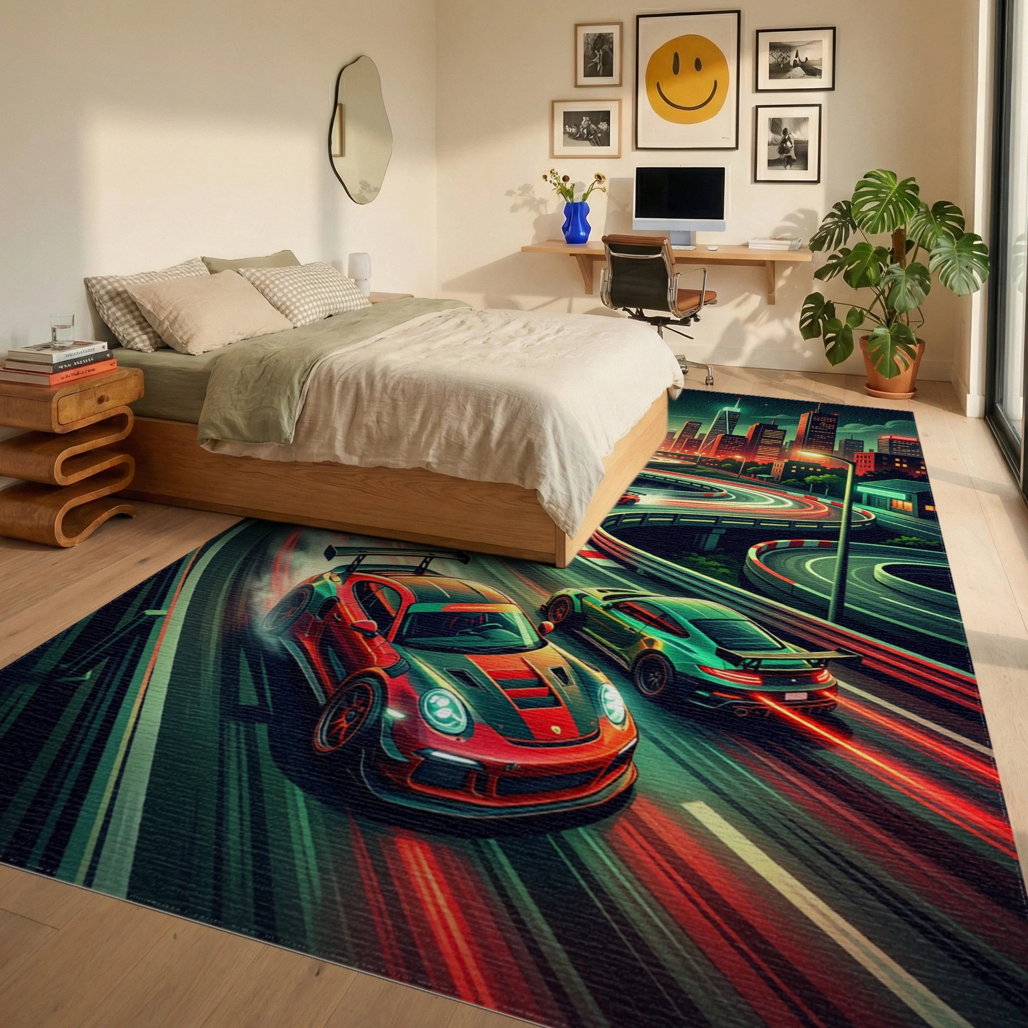 Neon City Street Racing Drift Art Rug Bedroom View