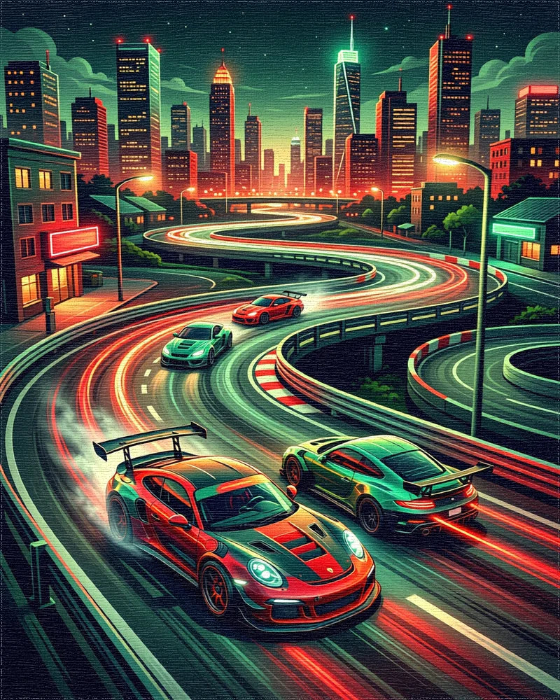 Neon City Street Racing Drift Art Rug - Cutout View