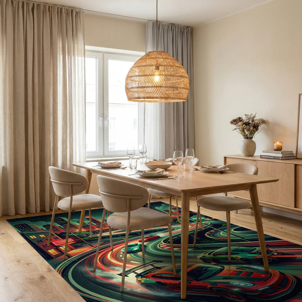 Neon City Street Racing Drift Art Rug Dining Room View