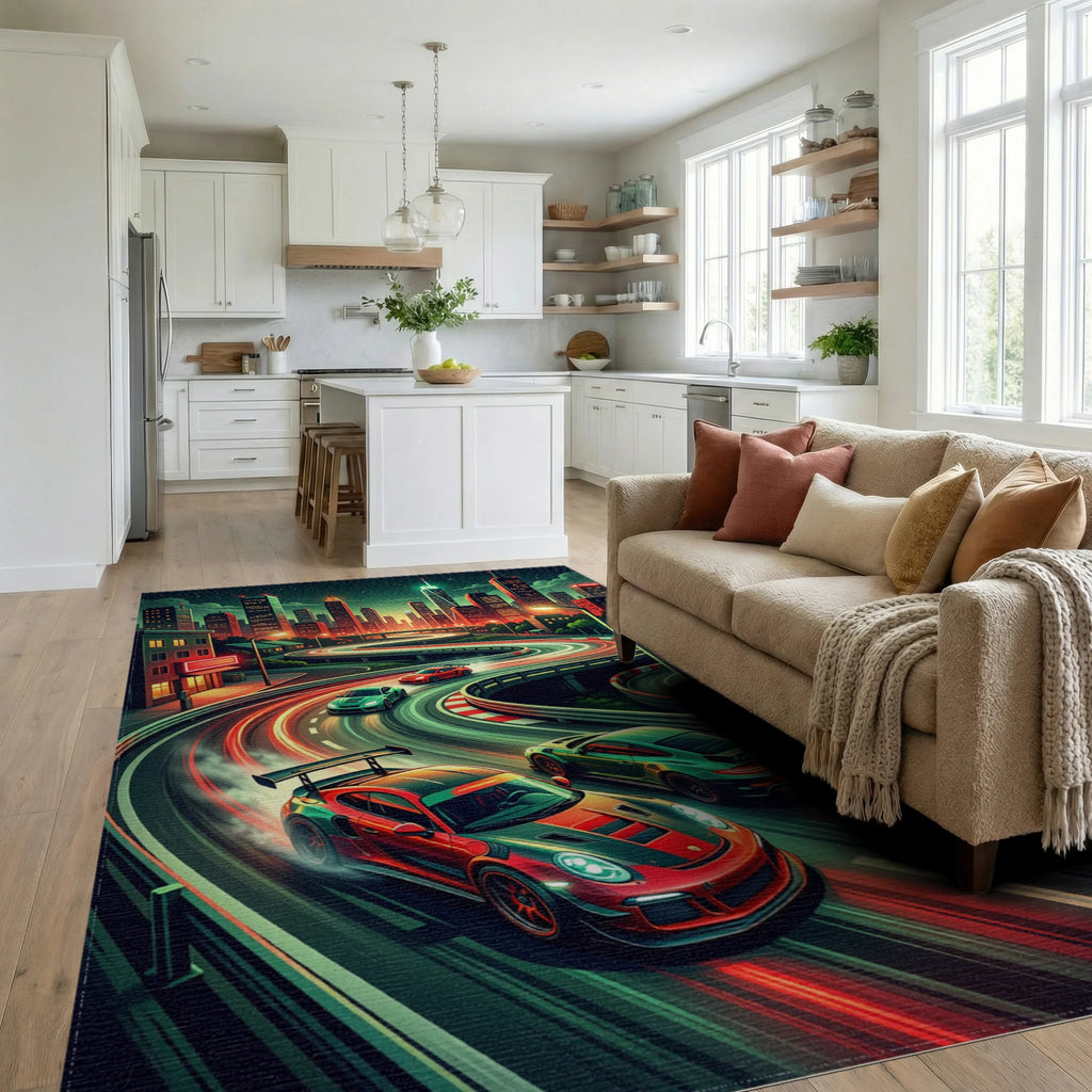 Neon City Street Racing Drift Art Rug Living Room View