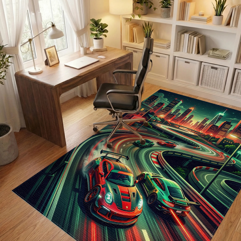 Neon City Street Racing Drift Art Rug Office View
