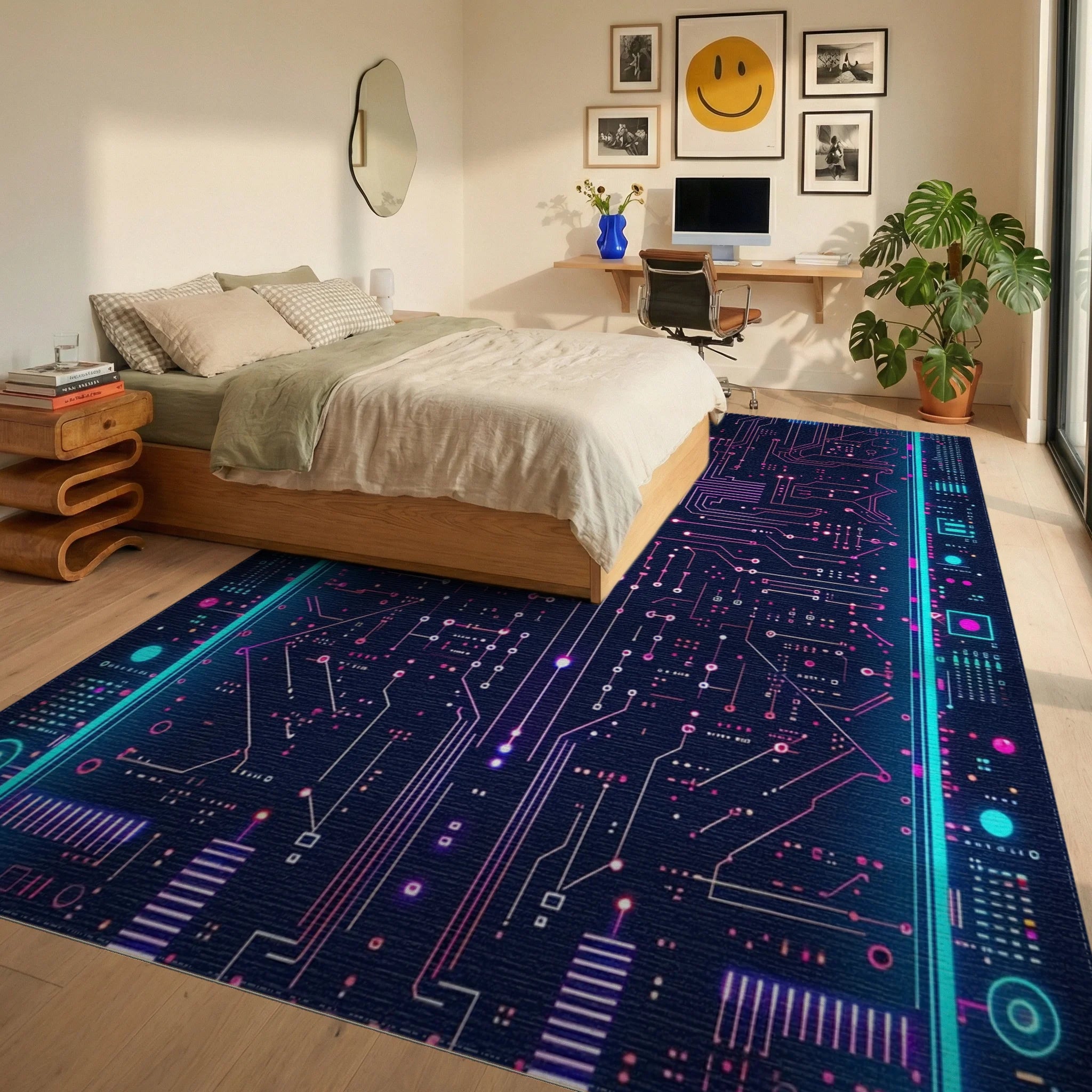 Neon Cyber Circuit Board Rug - Bedroom View